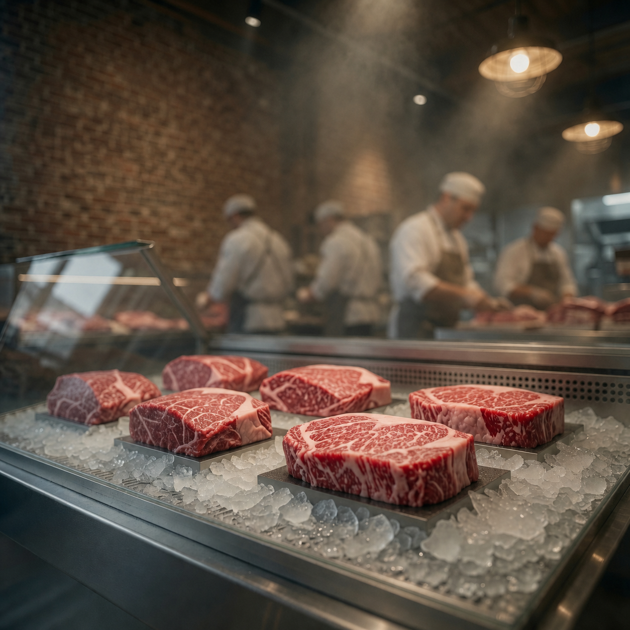 TriOrigin butchers preparing premium cuts in a chilled display